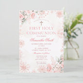 Invitation Pink Rose Gold Floral Winter First Holy Communion (Debout devant)