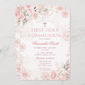 Invitation Pink Rose Gold Floral Winter First Holy Communion (Devant / Derrière)