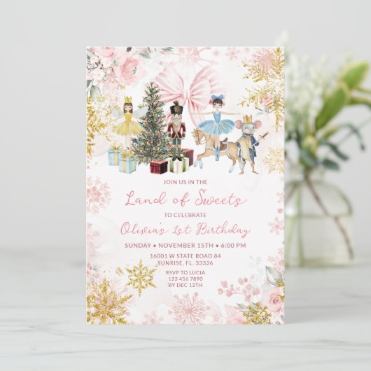 Invitation Pink Rose Gold Nutcracker Christmas Bow Birthday (Debout devant)