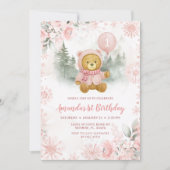 Invitation Pink Rose Gold Winter Bear Balloon 1st Birthday (Devant)