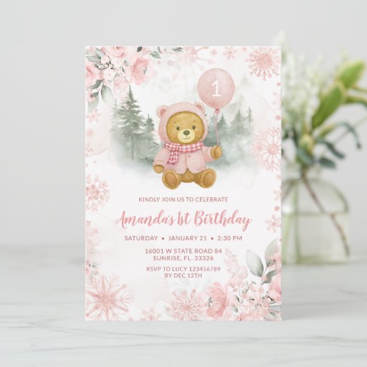 Invitation Pink Rose Gold Winter Bear Balloon 1st Birthday (Debout devant)