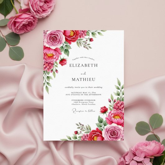 Invitation Pink Rose Painterly Flourish Wedding