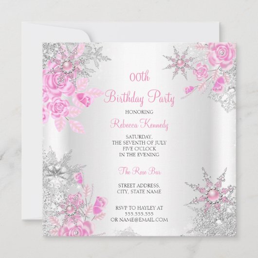 Invitation Pink Rose Winter Wonderland Snowflakes Party (Devant)