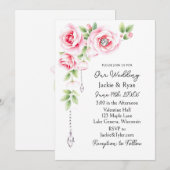 Invitation Pink Roses and Diamonds Floral Wedding (Devant / Derrière)