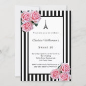 Invitation Pink roses black white stripes Paris Sweet 16 (Devant)
