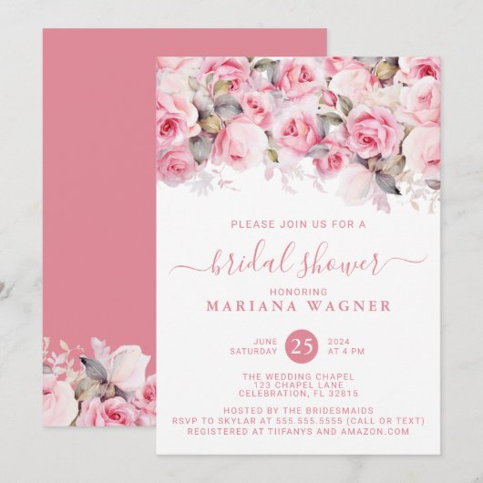Invitation Pink Roses Floral Bridal Shower (Devant / Derrière)