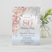 Invitation Pink Roses Glitter Drips Silver 80th Birthday   (Debout devant)