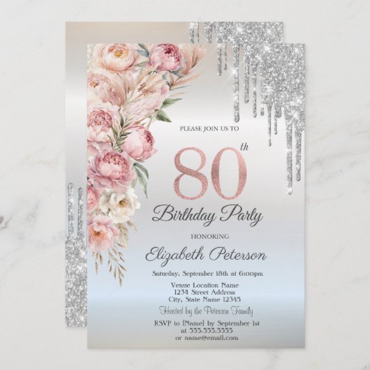Invitation Pink Roses Glitter Drips Silver 80th Birthday   (Devant / Derrière)