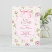 Invitation Pink roses pattern bow baby shower (Debout devant)