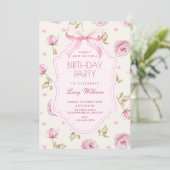 Invitation Pink roses pattern bow birthday (Debout devant)