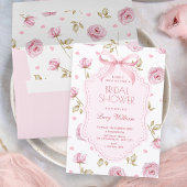 Invitation Pink roses pattern bow bridal shower