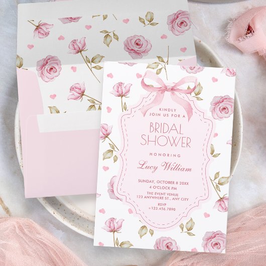 Invitation Pink roses pattern bow bridal shower