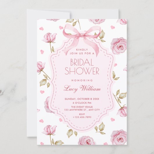 Invitation Pink roses pattern bow bridal shower (Devant)