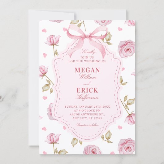 Invitation Pink roses pattern bow wedding (Devant)