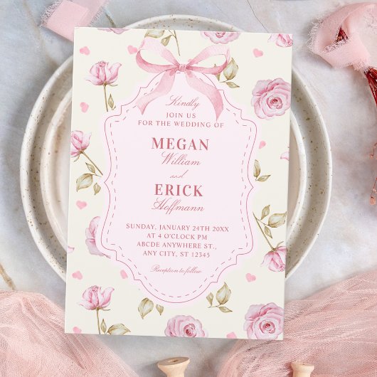 Invitation Pink roses pattern bow wedding