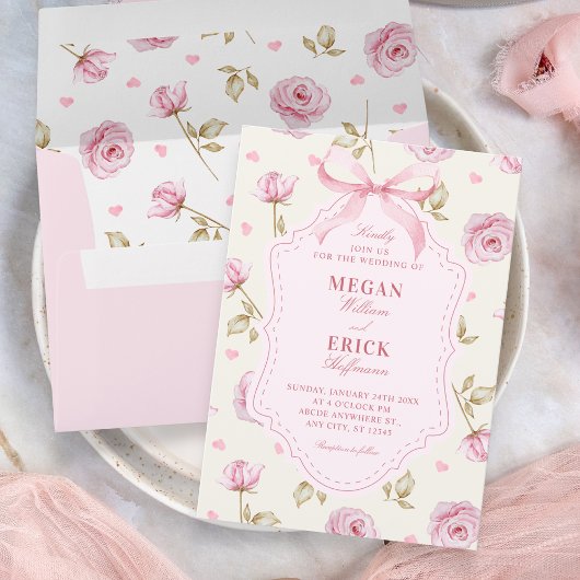 Invitation Pink roses pattern bow wedding