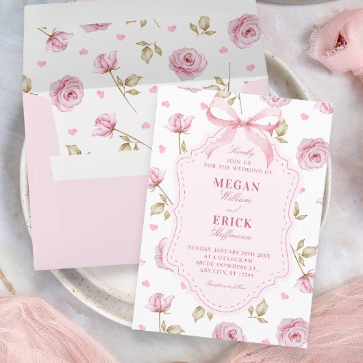 Invitation Pink roses pattern bow wedding