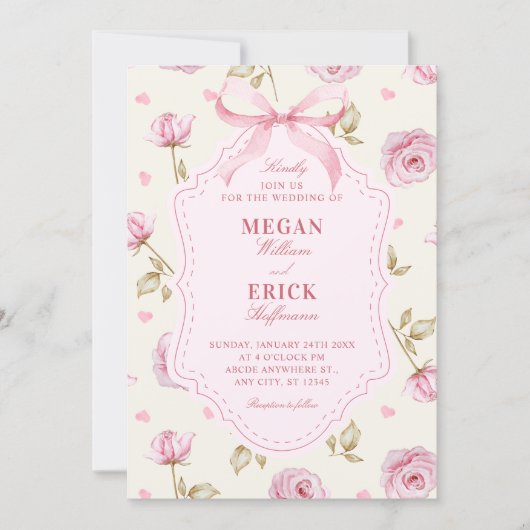Invitation Pink roses pattern bow wedding (Devant)