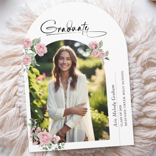 Invitation Pink Roses Script Photo Graduation Announcement
