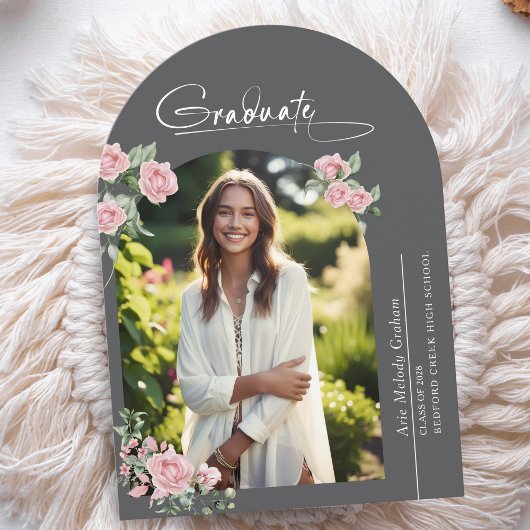Invitation Pink Roses Script Photo Graduation Announcement