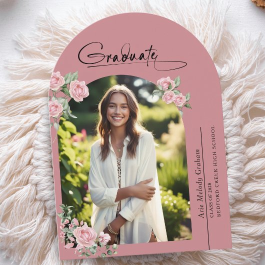 Invitation Pink Roses Script Photo Graduation Announcement