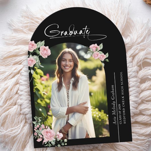 Invitation Pink Roses Script Photo Graduation Announcement