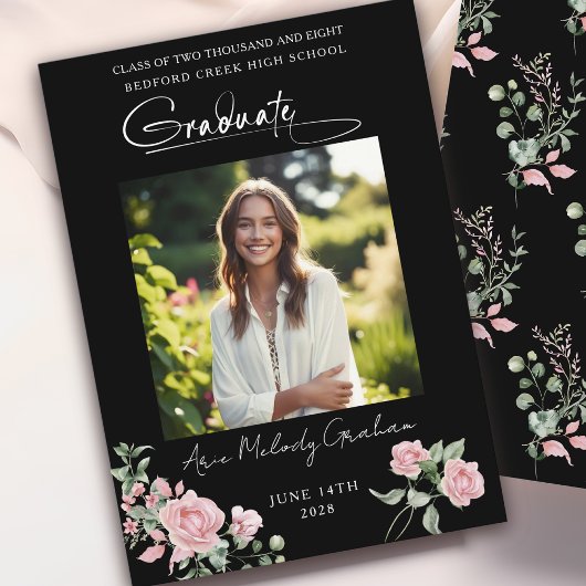Invitation Pink Roses Script Photo Graduation Announcement