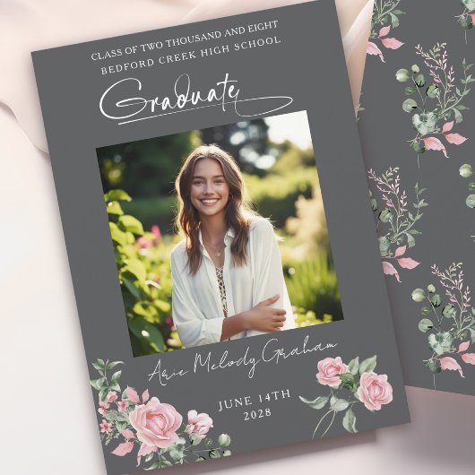 Invitation Pink Roses Script Photo Graduation Announcement