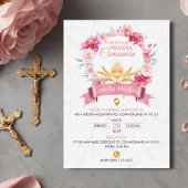 Invitation Pink Roses Wreath with Chalice First Communion