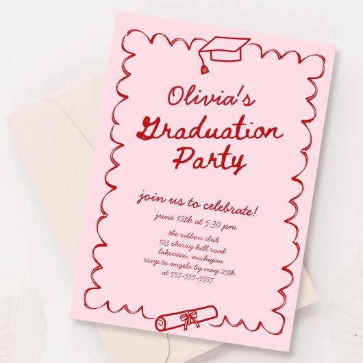 Invitation Pink Rouge Main dessinée Parti de Graduation