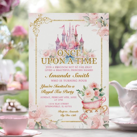 Invitation Pink Royal Castle Princess Tea Party 4e anniversai