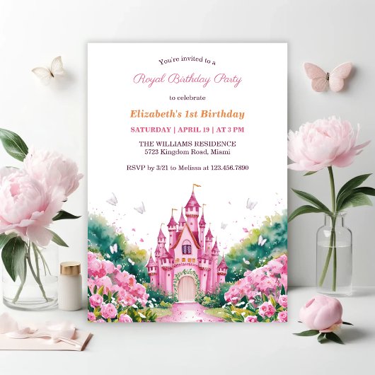 Invitation Pink Royal Princess Castle 1er anniversaire