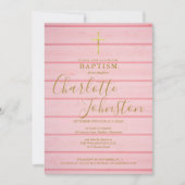 Invitation Pink Rustic Bois Script Baptême Christening (Devant)