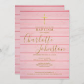 Invitation Pink Rustic Bois Script Baptême Christening (Devant / Derrière)