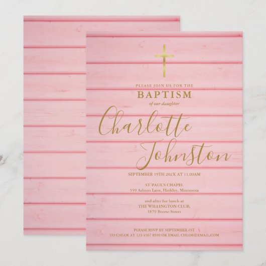Invitation Pink Rustic Bois Script Baptême Christening (Devant / Derrière)