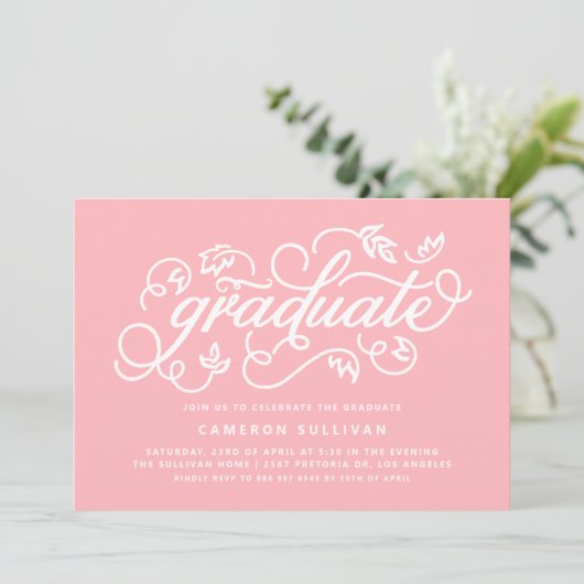 Invitation Pink Rustic Calligraphy Graduation Party (Debout devant)