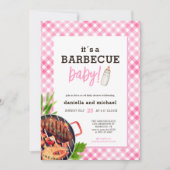 Invitation Pink Rustic Gingham Barbecue Baby Shower (Devant)