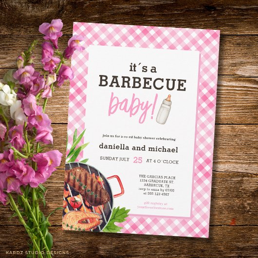Invitation Pink Rustic Gingham Barbecue Baby Shower