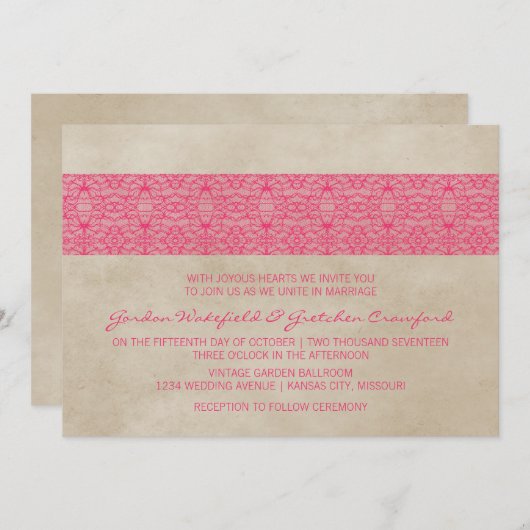 Invitation Pink Rustic Lace Wedding (Devant / Derrière)