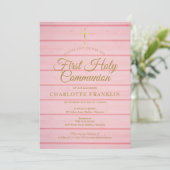 Invitation Pink Rustic Wood Première Communion Intervention (Debout devant)