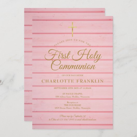 Invitation Pink Rustic Wood Première Communion Intervention (Devant / Derrière)