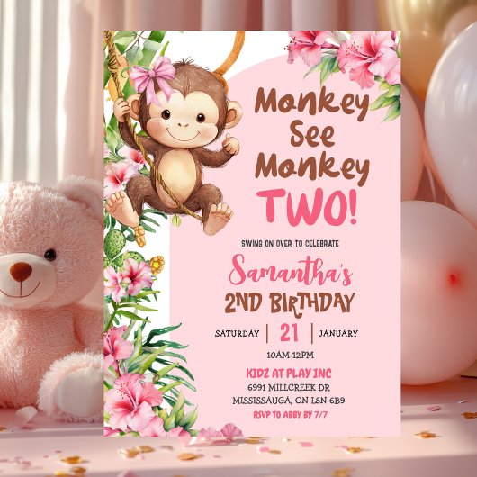Invitation Pink Safari Monkey See Monkey Two 2nd Birthday