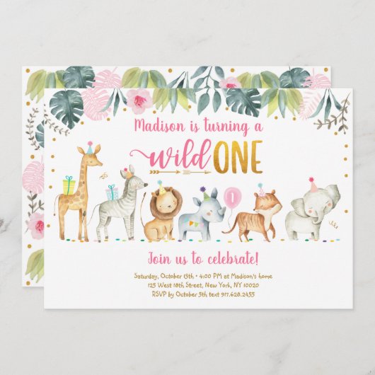 Invitation Pink Safari Wild Un Anniversaire (Devant / Derrière)