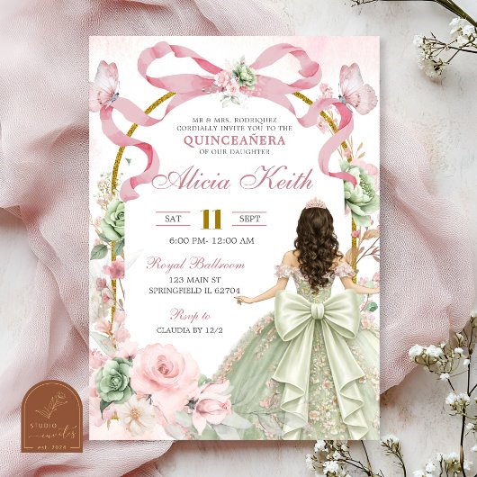 Invitation Pink Sage Bow Coquette Butterfly Princess Quin