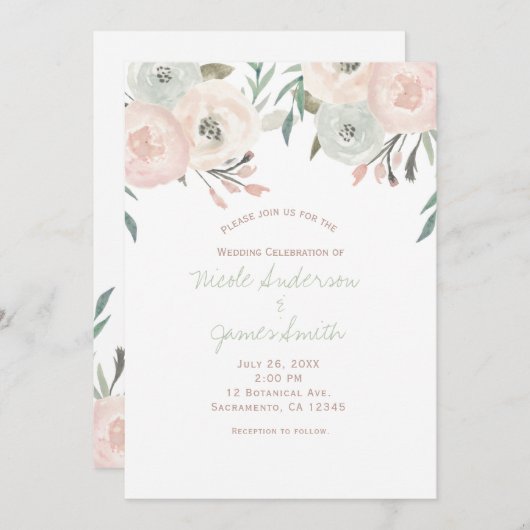Invitation Pink Sage Mint Vert Mariage Floral moderne (Devant / Derrière)