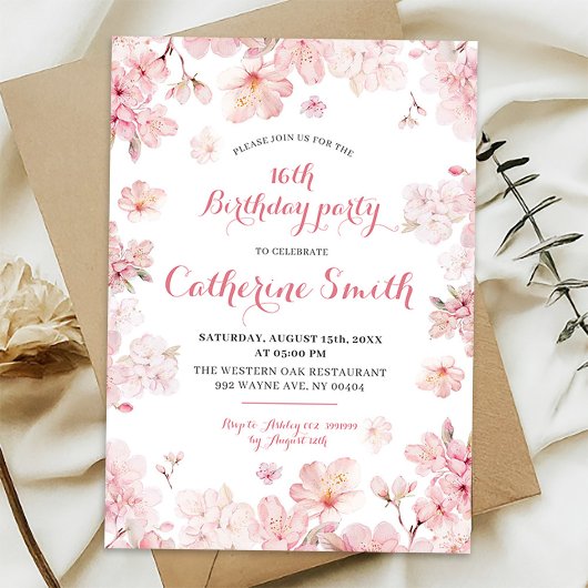 Invitation Pink Sakura Cerry Blossom Sweet 16e anniversaire