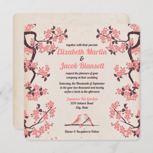 Invitation Pink Sakura et Mariage Inséparable (Devant / Derrière)