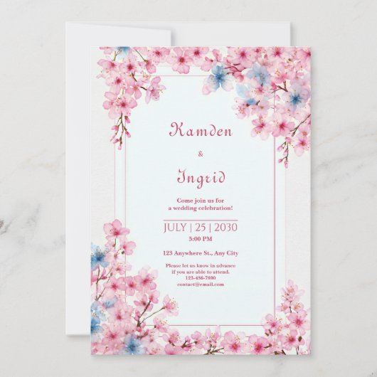 Invitation Pink Sakura Periwinkle Blue Romantic Frame Wedding (Devant)