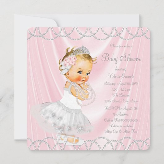 Invitation Pink Satin Pearl Petite Dame Baby shower fille (Devant)