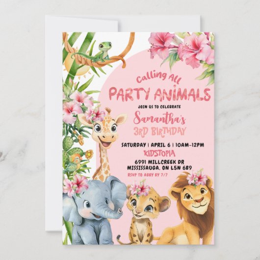 Invitation Pink Savannah Calling All Party Animals Birthday (Devant)
